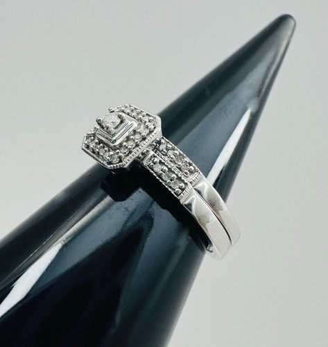 Estate 10K White Gold .23ctw Diamond Engagement Wedding Ring Set sz 6.75, 3.1g - Picture 9 of 24