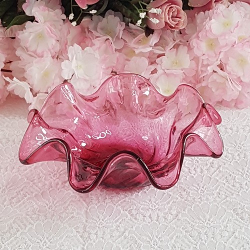 Cranberry Glass Dish 8.25 inch Handcrafted Candle HolderRuffled Candy Dish - Picture 3 of 9