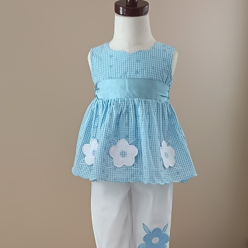 Blue Gingham Top & Pants Set 18M Embroidered Applique Eyelet Scalloped Trim - Picture 9 of 15
