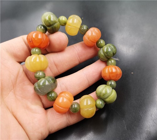 Echt Feuerzeug Imperial Jade Jadeit geschnitzt Kürbis Halloween Armreif Armband - Bild 7 von 11
