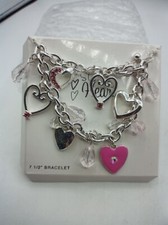 SILVER TONE 7 1/2" - "SWEET HEART" PINK HEART DANGLE BRACELET
