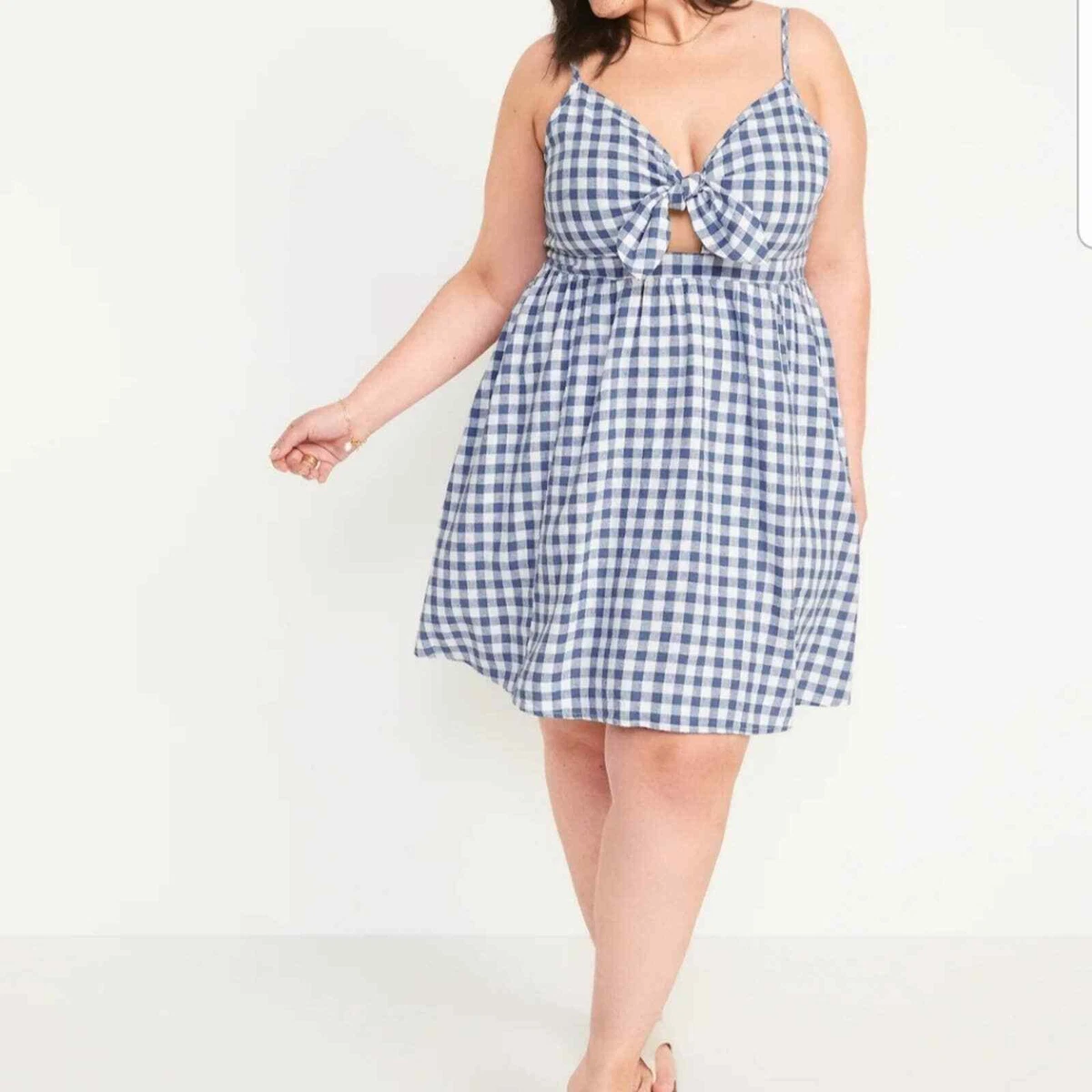 Old Navy 875679 Blue Gingham Linen Blend Dress with Pockets NWT