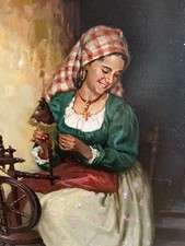 Original Öl-Gemälde „Bäuerin am Spinnrad“ Francesco Alfano Giuliano Italien