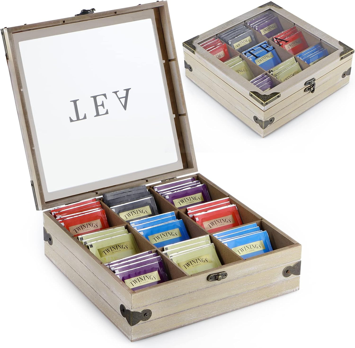 Box Organizer, Tea Storage Chest With Glass Lid, 9 Compartments