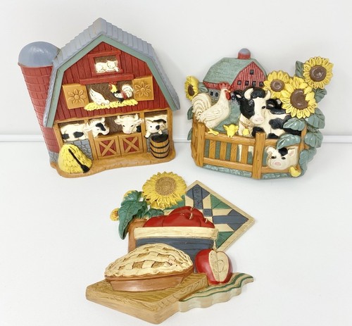 Vintage Lot 3 Farm Barn Cow Animals Apples Granny Cottage Country Wall Plaque  - Picture 1 of 16
