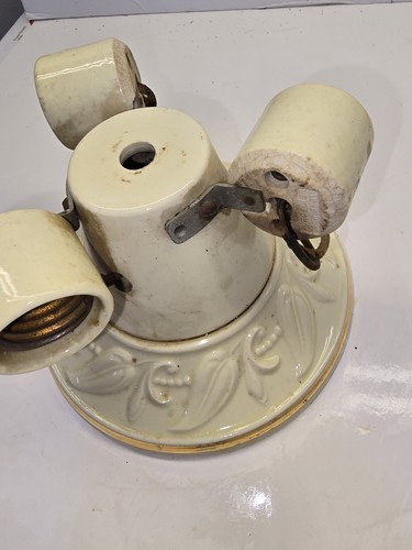 VNT 40s50s Art Deco Off White Porcelier Porcelain 3 Light Flush Ceiling Fixture - Picture 6 of 8