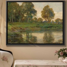 Rustic Landscape Canvas Print with Deer Vintage Forest Wall Art Decor