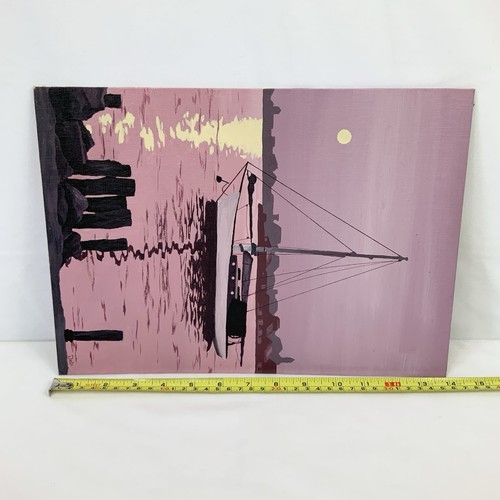 VTG Signed Original Acrylic Nautical Purple Sailboat Canvas Painting 10" x 14" - Picture 5 of 5