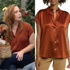 Rachel Zoe Womens Brown Sleeveless Button Up Blouse Shiny Relax Fit Boxy Top L