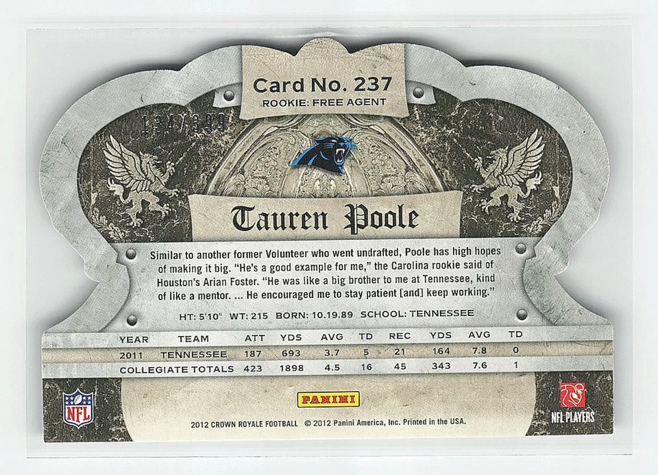 2012 Panini Football Crown Royale Tauren Poole /399 #237 RC Carolina Panthers - Image 2 of 2