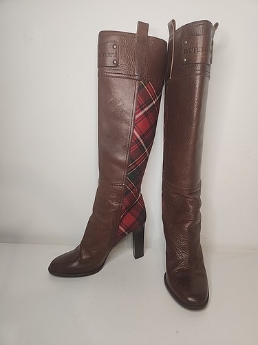 Vtg Burberry Knee High Boots Women Sz US 6 Eur 36.5 Brown w Rare Red Plaid Italy - Picture 4 of 16