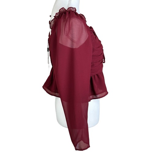 Vigoss Rüschen Chiffon Top Größe Large Kirschrot Schößchen Rausch Gesmokt Transparent  - Bild 2 von 12