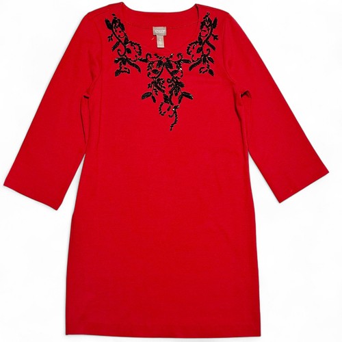 Chico's rot verziert U-Ausschnitt Kleid Gr. 1 Medium Neu mit Etikett Perlen Urlaub Party - Bild 2 von 9