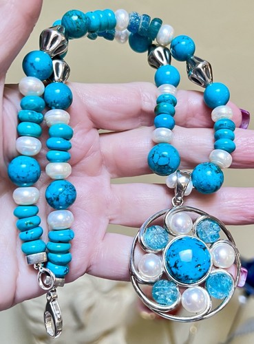 WONDERFUL Designer Sterling Silver Turquoise, Pearl, Sea Glass Ornate Necklace - Picture 4 of 17