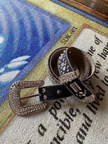 B.B. Simon Schwarz Leder Swarovski Kristall Iced Out Western Gürtel Herren Gr. 36-40 - Bild 2 von 7