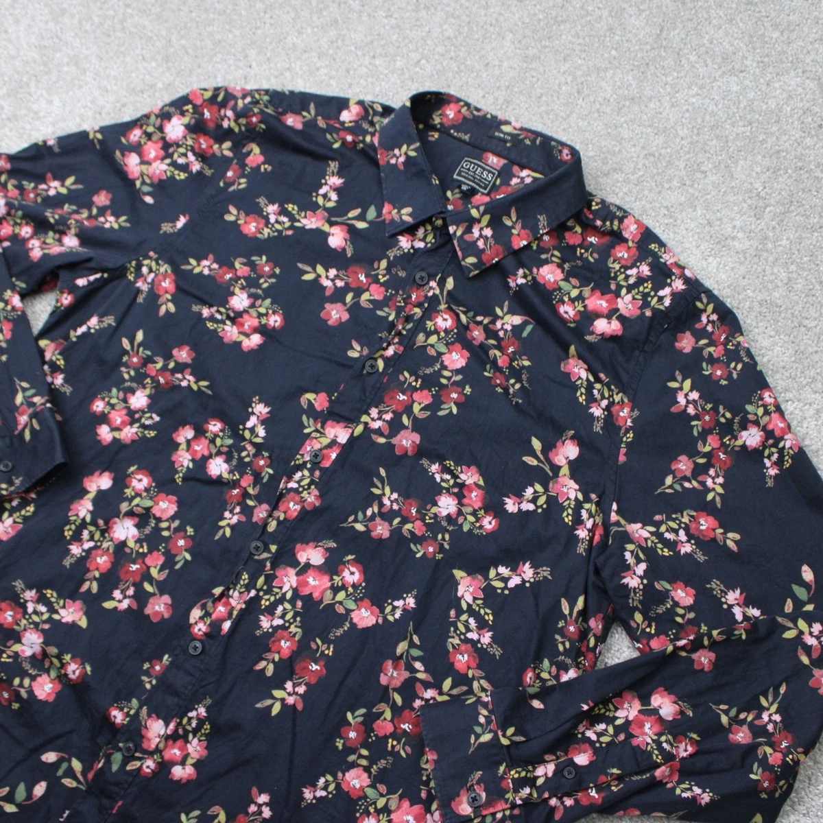 Camisa Guess Hombre 2XL XXL Negra/Roja Floral Lujo Pequeños Ramos Manga Larga Elastizada
