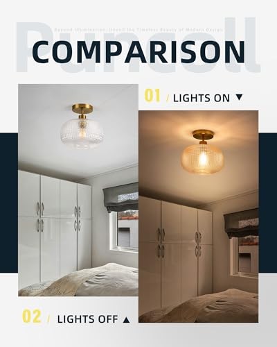 Gold Semi Flush Mount Ceiling Light Fixture - Hallway Light Fixtures Gold-Glass - Picture 5 of 7