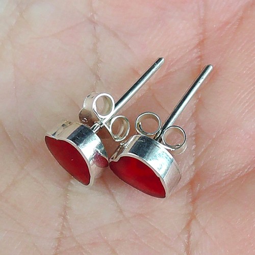 925 Sterling Silver Small Heart Shape Red Coral Earrings Studs, RCE-249 - Picture 5 of 6