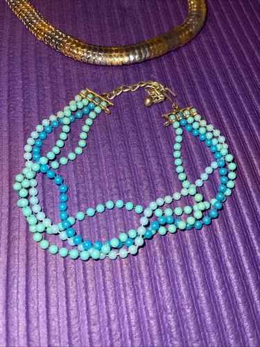 1980s Two Tone cobra snake chain collar necklace + Blue Bead Adjustable Choker - Picture 6 of 11