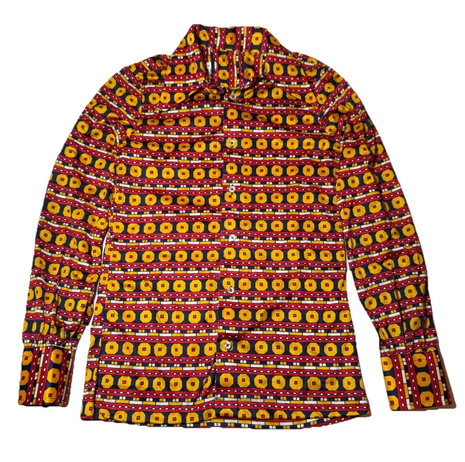 Vintage Multicolor Button Down Dagger Collar Disco Shirt Size S Geometric 70s - Image 2 of 4
