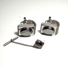 Vintage Swank Owijana siatka Pasek do zegarka Srebrny mankiet Linki do mankietów Spinki do mankietów Hematyt Partia