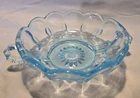 Vintage Aqua Blue Glass Bowl Thumbprint Patterned Handled Dish Anchor Hocking