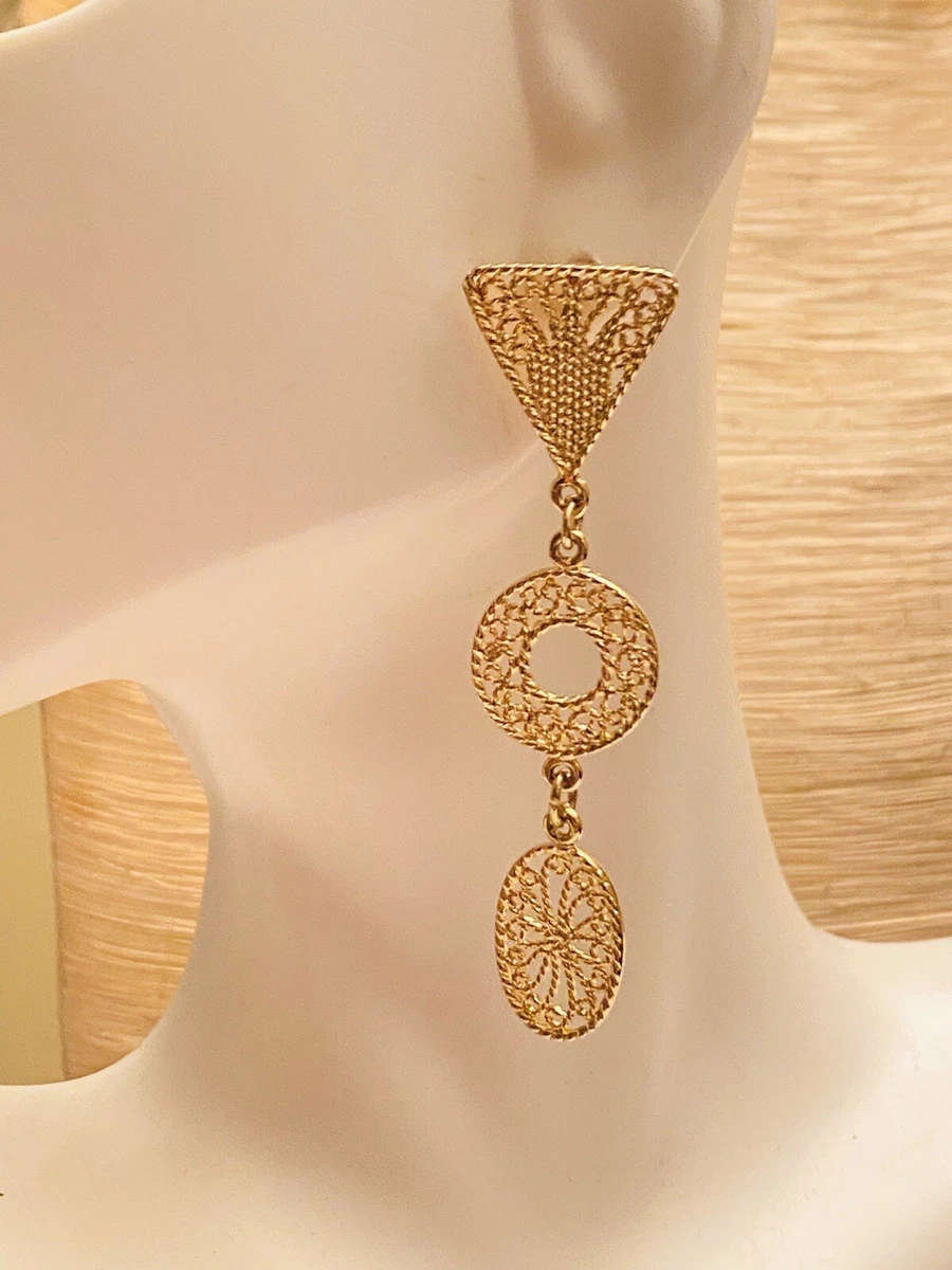 Earrings Drop Dangle gold Pierced large VTG Byzantine Revival