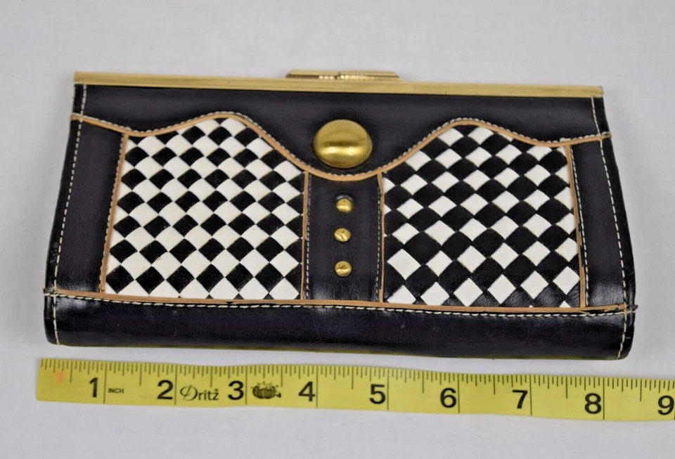 Винтажный кожаный клатч сумочка 20-х-50-х сплетенный черный белый Арлекин шахматная доска - Изображение 3 из 4