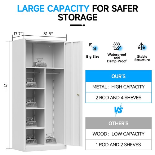 Metal Armoire Wardrobe Closet Storage Organizer Cabinet w/ Hanging Rod Lock Door - Picture 2 of 12