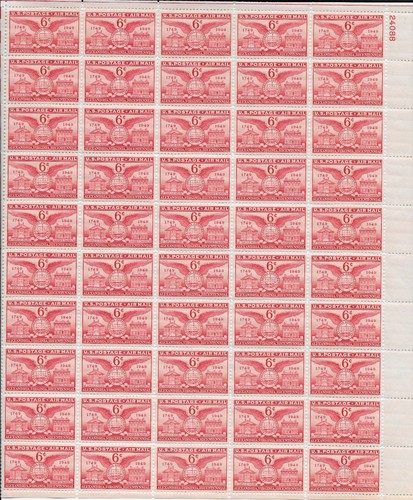 US Scott C-40 Air Mail 6 Cents, 1949, Alexandria, VA, Mint, NH, OG, Sheet 50 - Picture 1 of 2