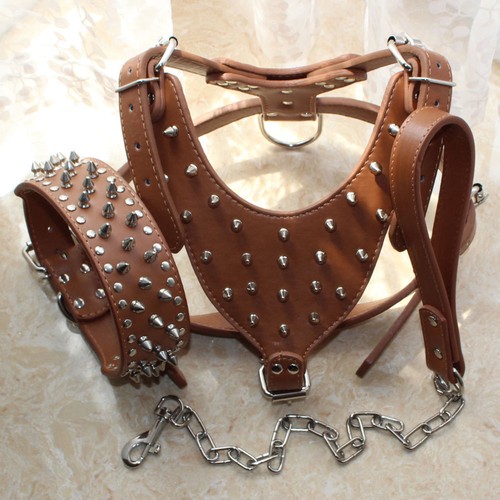 Large Breed Spiked Studded Leather Dog Harness Collar Leash Set Pitbull Mastiff - Picture 3 of 18