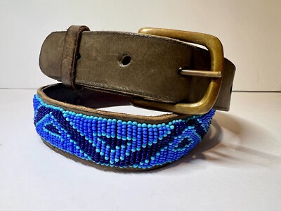 VTG Handmade Western Leather Beaded Belt Patterned Geometric  display picture 3