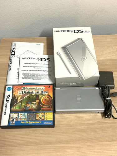 Nintendo DS Lite Silver USG001 Complete w/Box And Professor Layton Game EX Cond.
