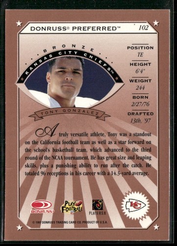 Tony Gonzalez 1997 Donruss Preferred #102 - Kansas City Chiefs - Bild 2 von 2