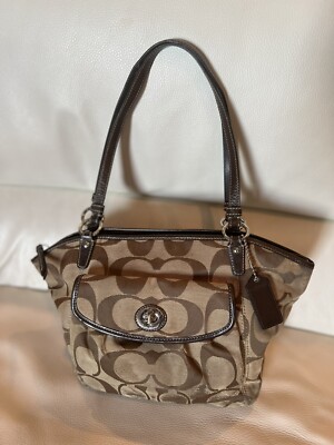 Coach F14659 Leah Signature Shoulder Tote Handbag Brown and Silver