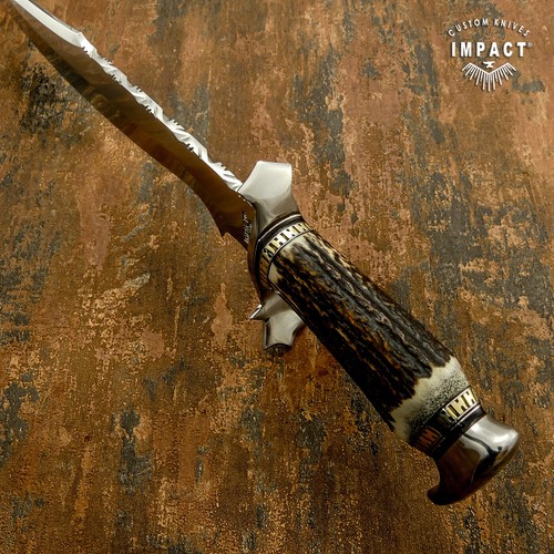 IMPACT CUTLERY RARE CUSTOM D2 ART BOWIE KNIFE STAG ANTLER HANDLE - Picture 6 of 11