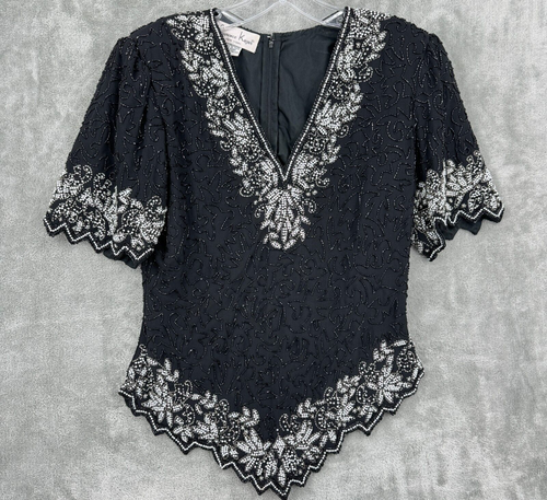 Vintage Lawrence Kazar Blouse Womens Medium Beaded Fairy Evening Event Zip Black
