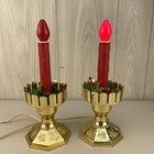 Pair Vintage Light Up Christmas Blow Mold Plastic Candles Holly Berry Gold Base