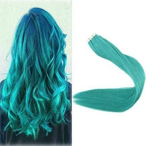 Seamless Skin Weft Tape In Hair Extensions Teal Color Human Hair