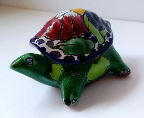 Talavera Style Pottery Turtle Trinket Box Made in Mexico Blue Green - Picture 1 of 10