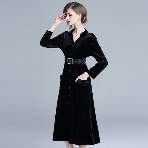Velvet Single-breasted A-line Long Dress Temperament Women's V-neck Black Dress - Picture 6 of 14