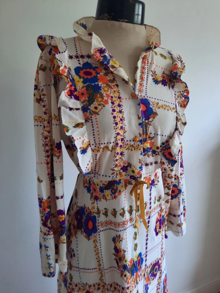 Maxi Vestido Vintage Años 60 Años 70 Naranja Azul Patrón Floral Retro Talla 10-12 Cuello Mc Foto 2 de 4