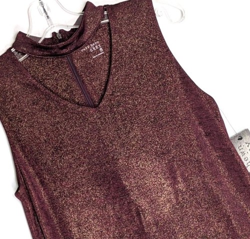 NEW Womens Metallic V Neck Choker Neck Sleeveless Top Small Maroon Gold Shimmer - Picture 2 of 9