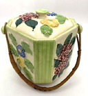 Antique Hand-painted Biscuit Tea Sq Jar Large Floral Rattan Handle & Lid, Japan