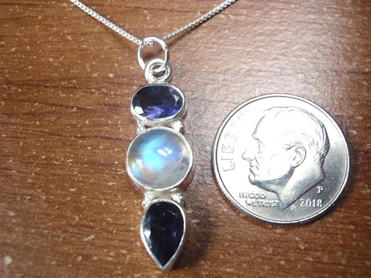 Faceted Iolite and Moonstone 925 Sterling Silver 3 Gem Necklace