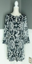 Emma & Michele Women Shift Dress M Black White Paisley Tie Neck Long Bell Sleeve