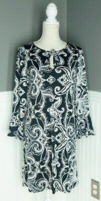 Emma & Michele Women Shift Dress M Black White Paisley Tie Neck Long Bell Sleeve