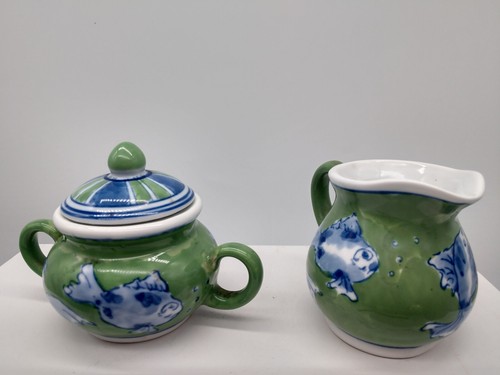 April Cornell Sugar Bowl Lid Creamer Set Fish Nautical Blue Green Vintage - Picture 6 of 10
