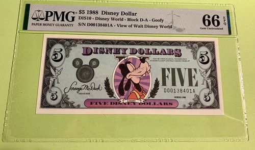 RARE PMG Graded $5 1988 Disney Dollar Block D-A Goofy 66 GEM UNC EPQ - Picture 1 of 7