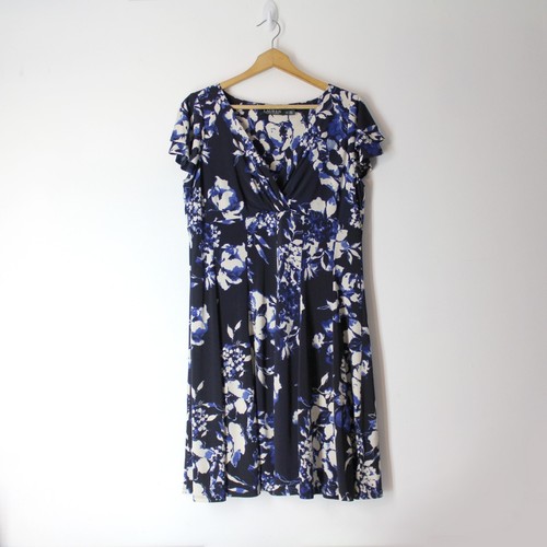 Ralph Lauren Floral Damen Stretch Kleid Gr. 16 P Rüschenärmel V-Ausschnitt Royal Weiß